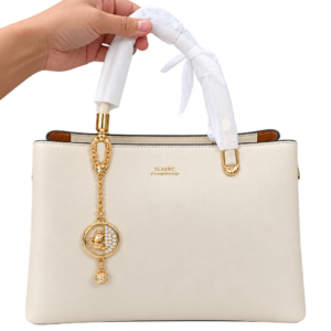 Classic Ivory Structured Tote Bag with Gold Charm